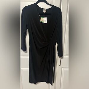 NWT Anne Klein Black Long Sleeve Dress gathers at waist size large